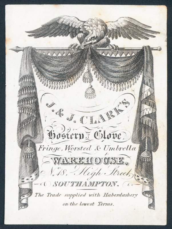 J & J Clarks, harisnya, kesztyű, rojt, fésült és esernyő raktár, kereskedelmi kártya alkotó: English School