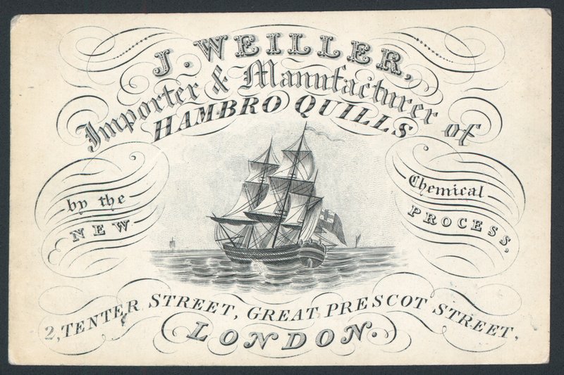 J Weiller, a Hambro Quills importőre és gyártója, 2 Tenter Street, kereskedelmi kártya alkotó: English School