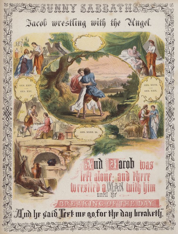 Jákob birkózik az angyallal (színes metszet) alkotó: English School