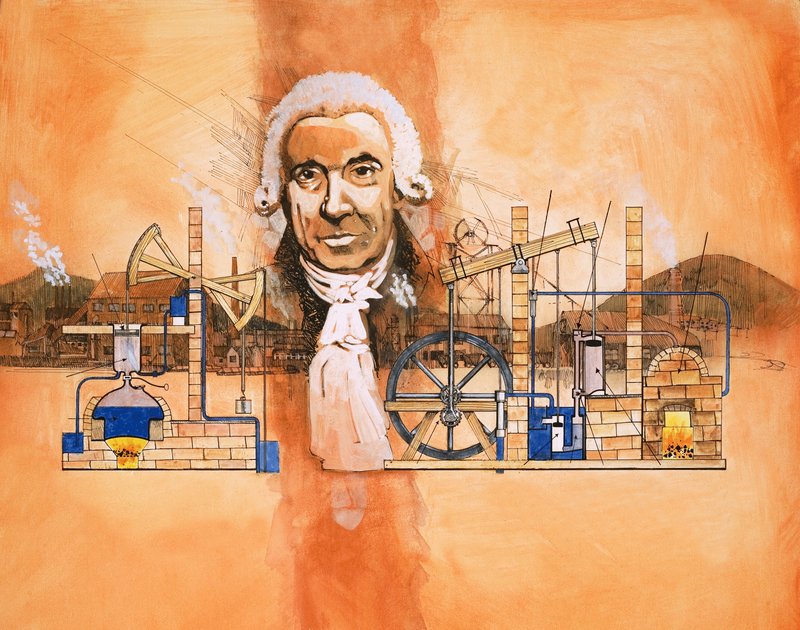 James Watt kemencékkel és mechanikus szivattyúkkal a háttérben alkotó: English School