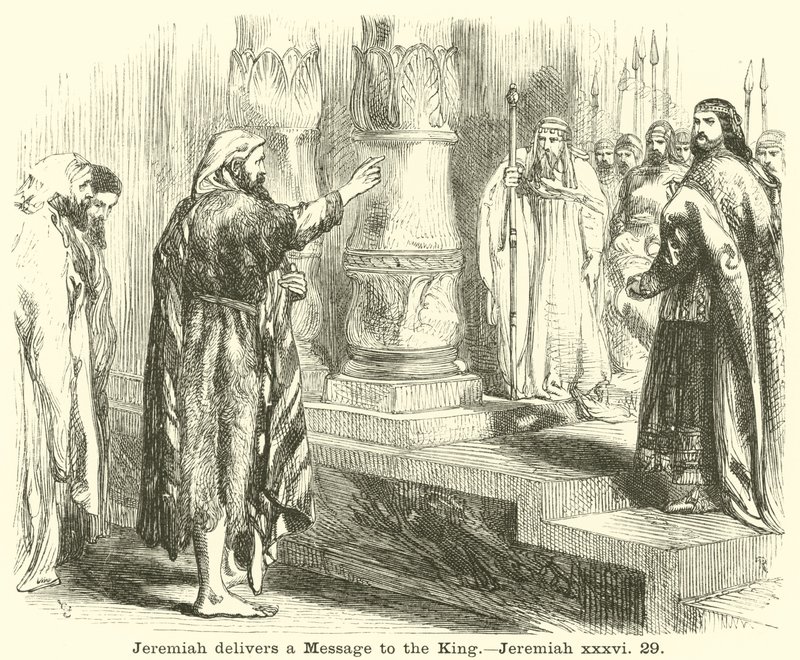 Jeremiás üzenetet közöl a királynak, Jeremiás, xxxvi, 29 alkotó: English School