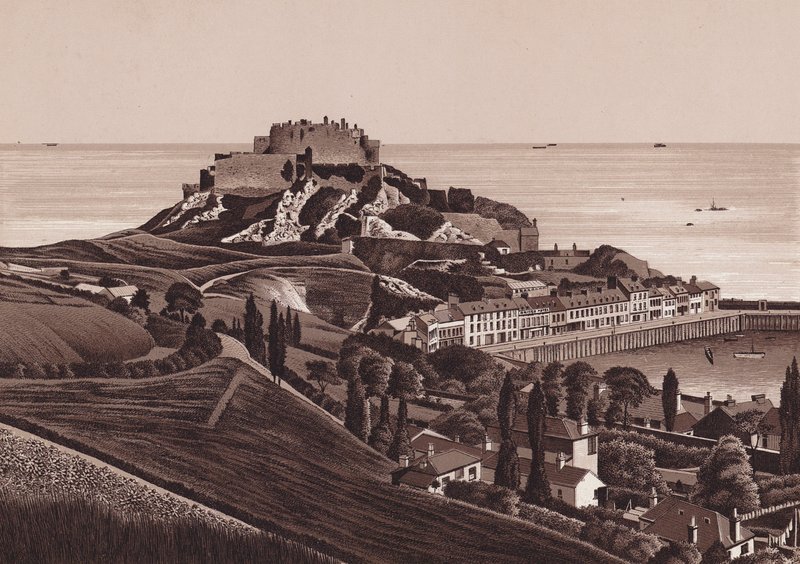 Jersey, Chanel-szigetek: Mount Orgueil kastély és Gorey kikötő (litho) alkotó: English School