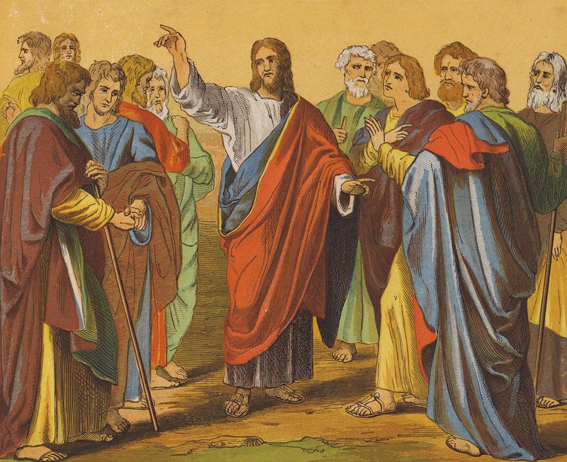 Jézus Krisztus kiküldi a tizenkét apostolt (színes litográfia) alkotó: English School