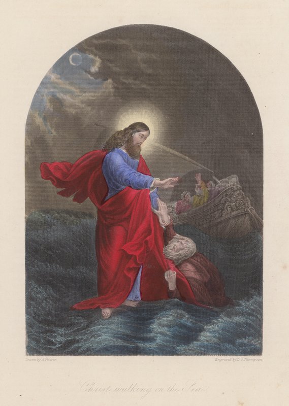 Jézus Krisztus sétál a Galileai-tengeren (színes metszet) alkotó: English School