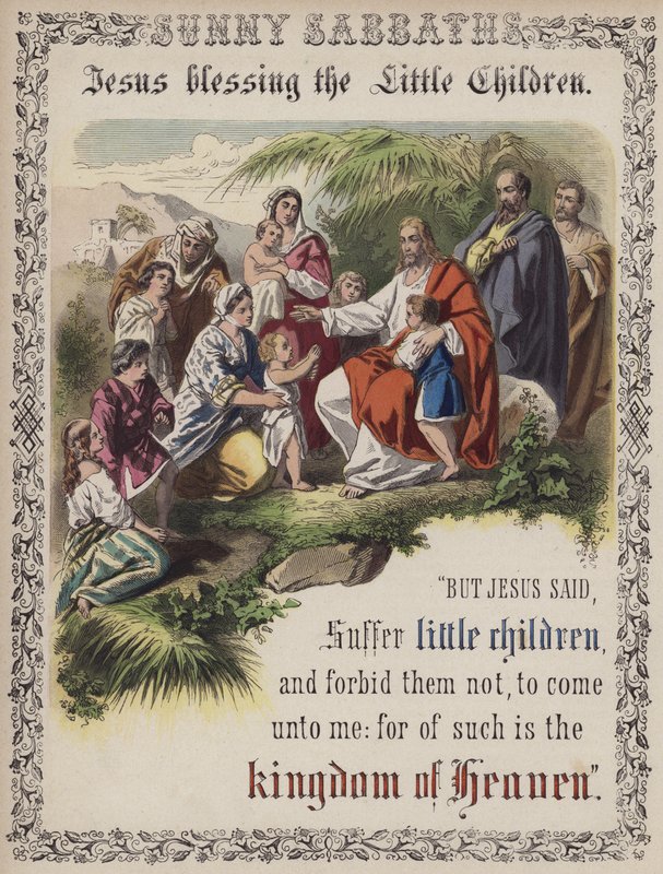 Jézus megáldja a kisgyermekeket (színes metszet) alkotó: English School