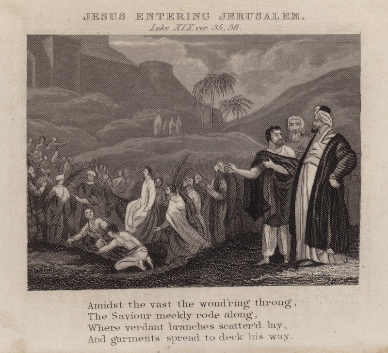 Jézus belép Jeruzsálembe, Lukács XIX, ver 35, 38 (metszet) alkotó: English School
