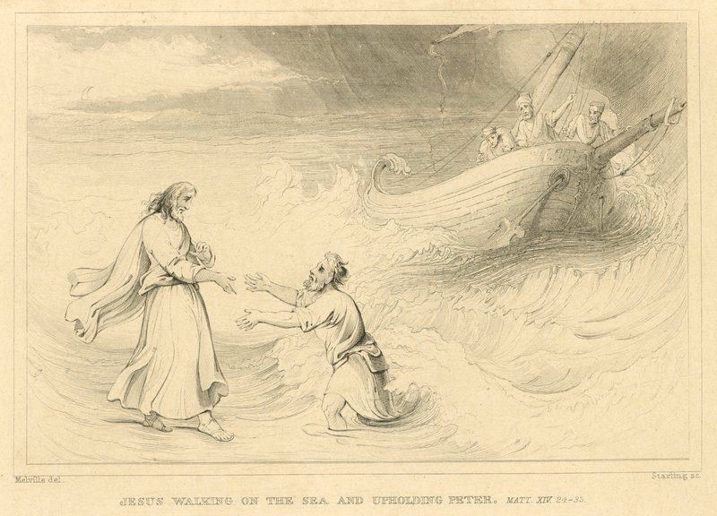 Jézus a tengeren jár és támogatja Pétert, XIV. Máté, 24-33 (metszet) alkotó: English School