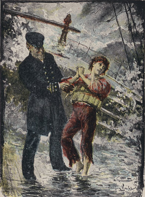 John Alexander Strachan, a Cyprian gőzhajó kapitánya mentőmellényét adta egy fiatal pokolgépnek, mielőtt a hajó 1881-ben a walesi partoknál egy szélvészben összetört (színes litho) alkotó: English School
