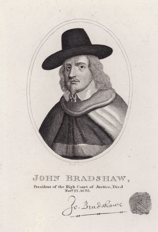 John Bradshaw angol bíró, aki a Legfelsőbb Bíróság elnöke volt I. Károly király 1649-es perében (metszet) alkotó: English School