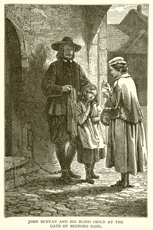John Bunyan és vak gyermeke a bedfordi börtön kapujában alkotó: English School