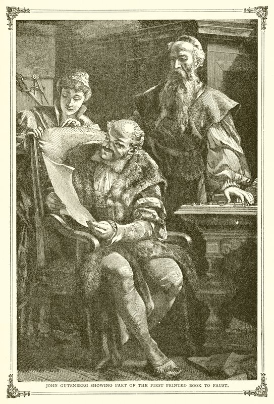 Gutenberg János az első nyomtatott könyv egy részét mutatja Faustnak alkotó: English School