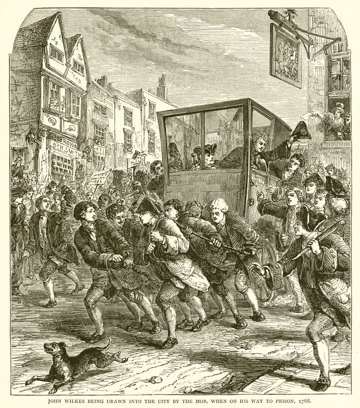John Wilkest a csőcselék vonzotta a városba, amikor a börtönbe tartott, 1768 alkotó: English School