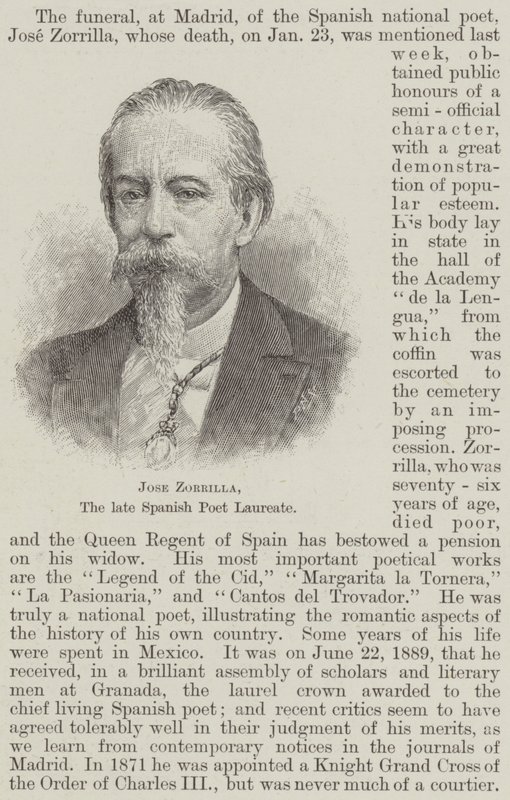 Jose Zorrilla, a néhai spanyol költő díjazottja (metszet) alkotó: English School