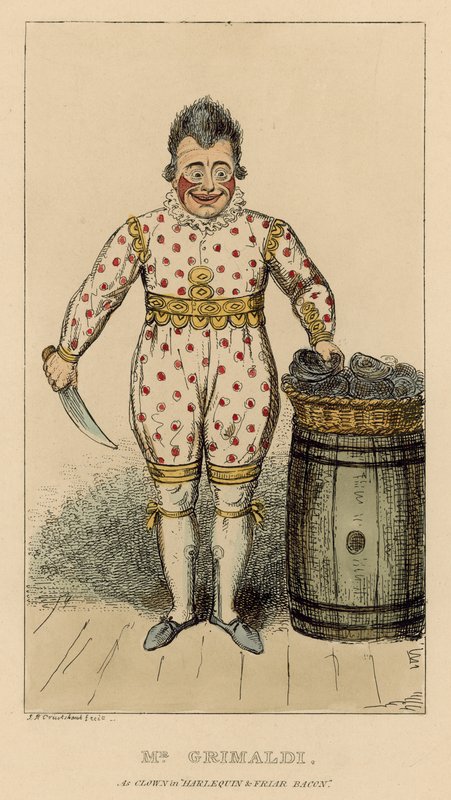 Joseph Grimaldi bohócként a Harlequinben és a Friar Baconban alkotó: English School