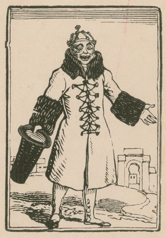 Joseph Grimaldi mint bohóc, aki az All the World-et énekli Párizsban, Surrey Színház, 1814 alkotó: English School
