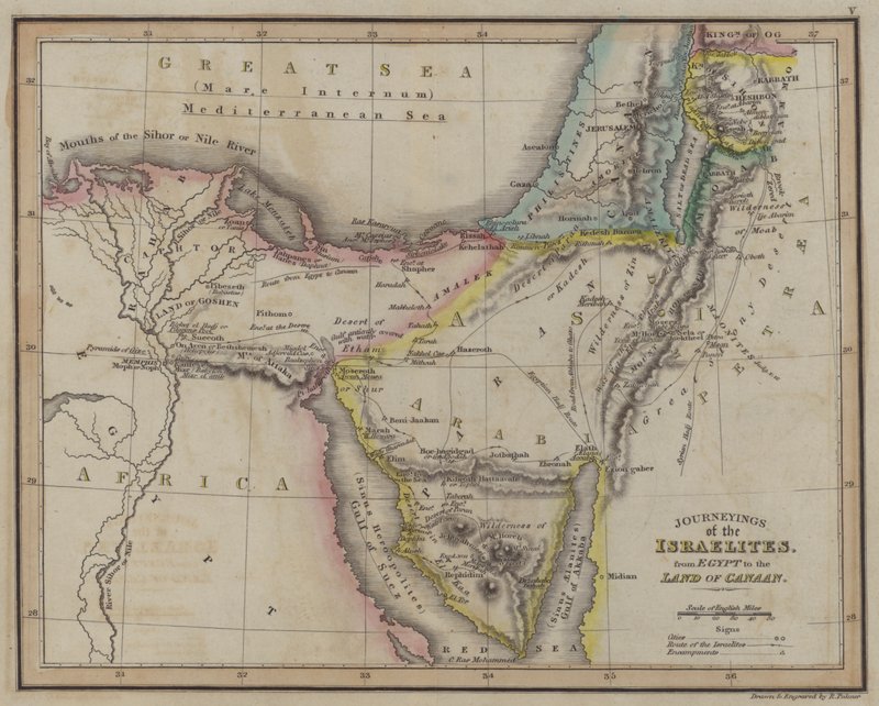 Izraeliták utazásai Egyiptomból Kánaán földjére (színes metszet) alkotó: English School