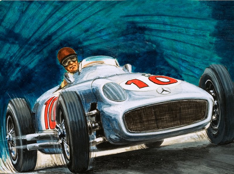 Juan Manuel Fangio egy Mercedes-Benzt vezet alkotó: English School