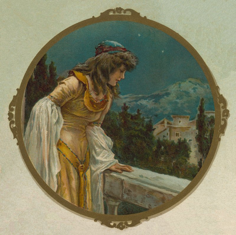 Júlia az erkélyén, jelenet Shakespeare Rómeó és Júliájából (chromolitho) alkotó: English School