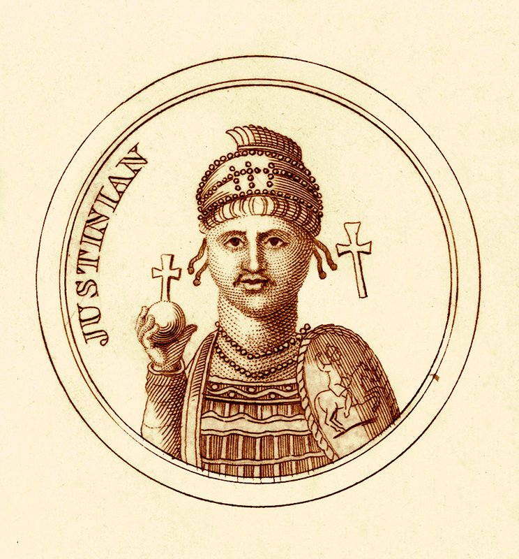 Justinianus, illusztráció a The Universal Historical Dictionary-ből, George Crabbtól, 1825-ben (digitálisan javított kép) alkotó: English School