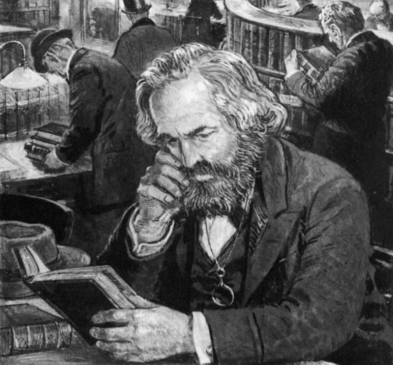 Karl Marx tanul és ír a British Museum olvasótermében alkotó: English School