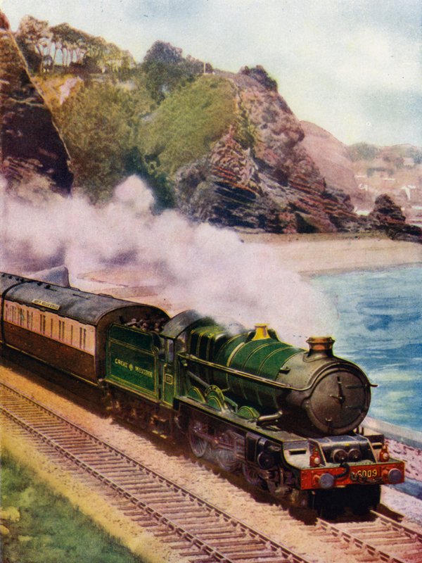 King Charles II, Great Western Railway (GWR) King osztályú 4-6-0 gőzmozdony, amely a Cornish Riviera expresszét vontatja a part mentén Dawlish és Teignmouth között, Devon (színes litó) alkotó: English School