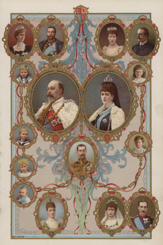 VII. Edward király, Alexandra királynő és gyermekeik és unokáik (színes litó) alkotó: English School