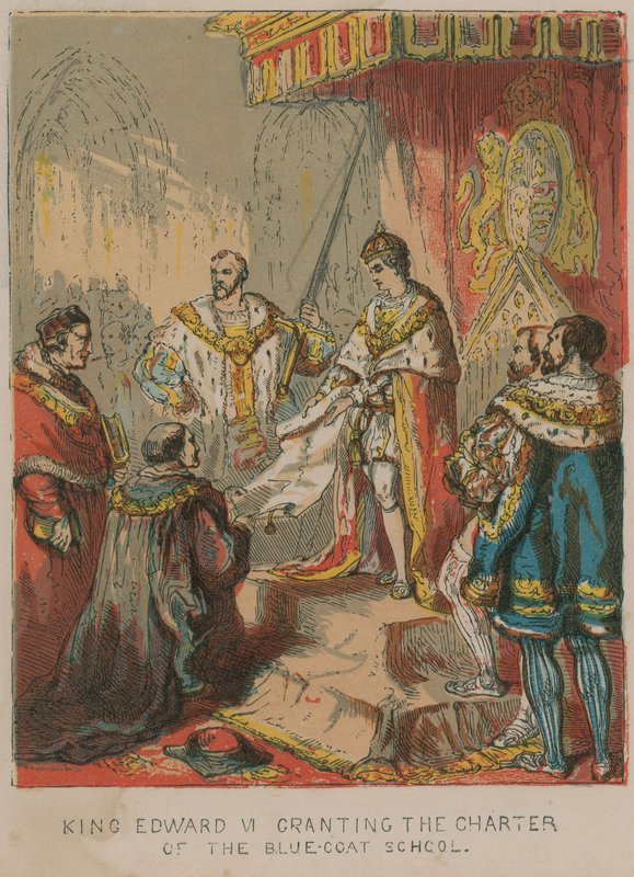 VI. Edward király megadja a kékkabátos iskola alapító okiratát alkotó: English School
