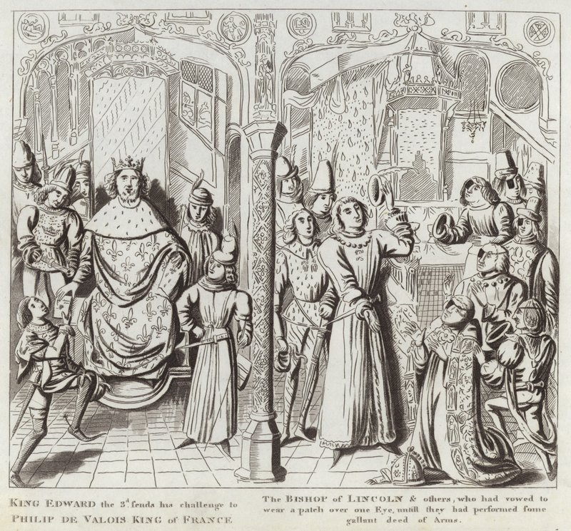 3. Edward király küldi Kihívását Philip de Valois francia királynak, Lincoln püspökének és másoknak, akik megfogadták, hogy foltot viselnek az egyik szemen, amíg el nem hajtják az A gallunt tettét. alkotó: English School