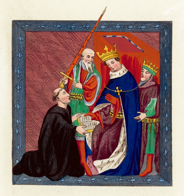 VI. Henrik király és John Lydgate (színes metszet) alkotó: English School