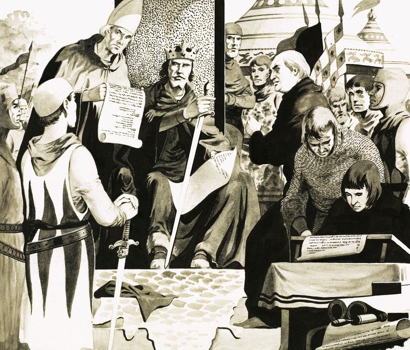 János király a Magna Carta aláírására készül Runnymedesben alkotó: English School