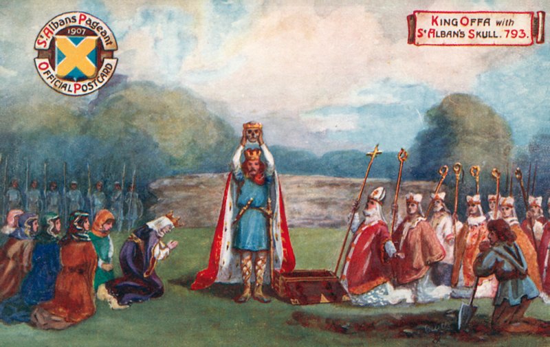 Offa király Szent Albán koponyájával, 793; Szent Albán-i felvonulás alkotó: English School