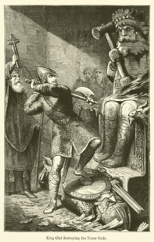 Olaf király elpusztítja a skandináv isteneket (metszet) alkotó: English School