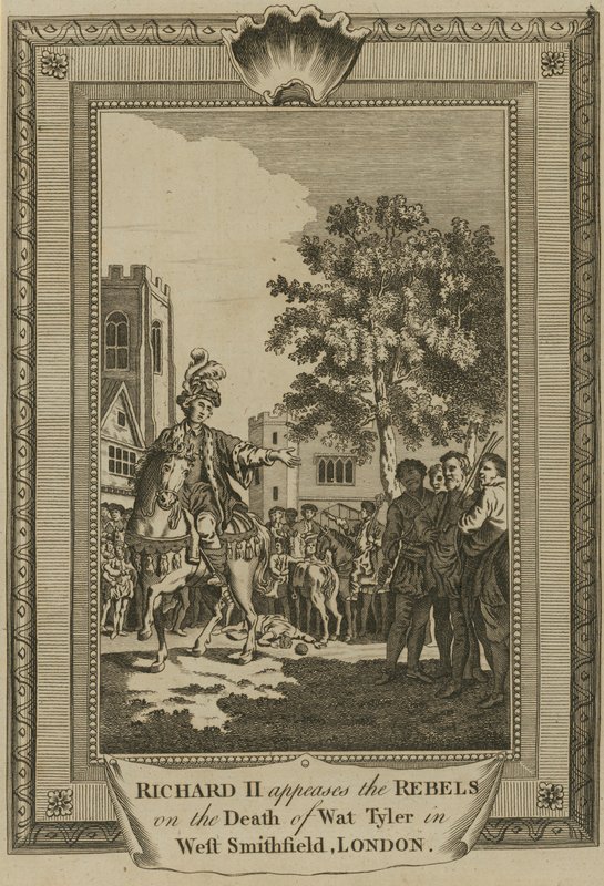 II. Richard király megnyugtatja a lázadókat Wat Tyler halálával a londoni West Smithfieldben alkotó: English School