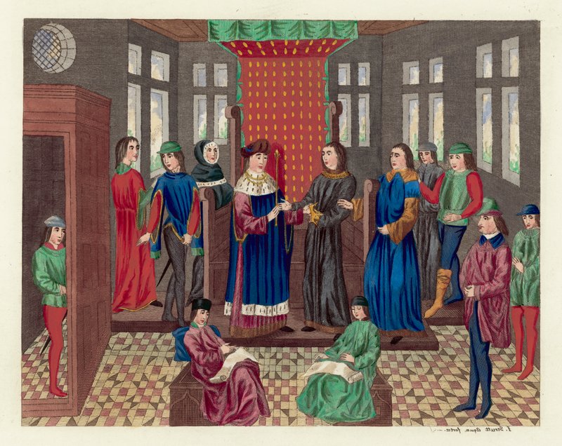 II. Richárd király lemond koronájáról és államáról (színes metszet) alkotó: English School