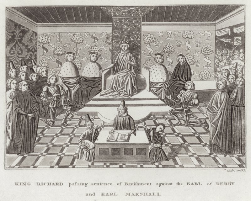 Richard király kitiltási ítéletet hoz Derby grófja és Earl Marshall ellen alkotó: English School