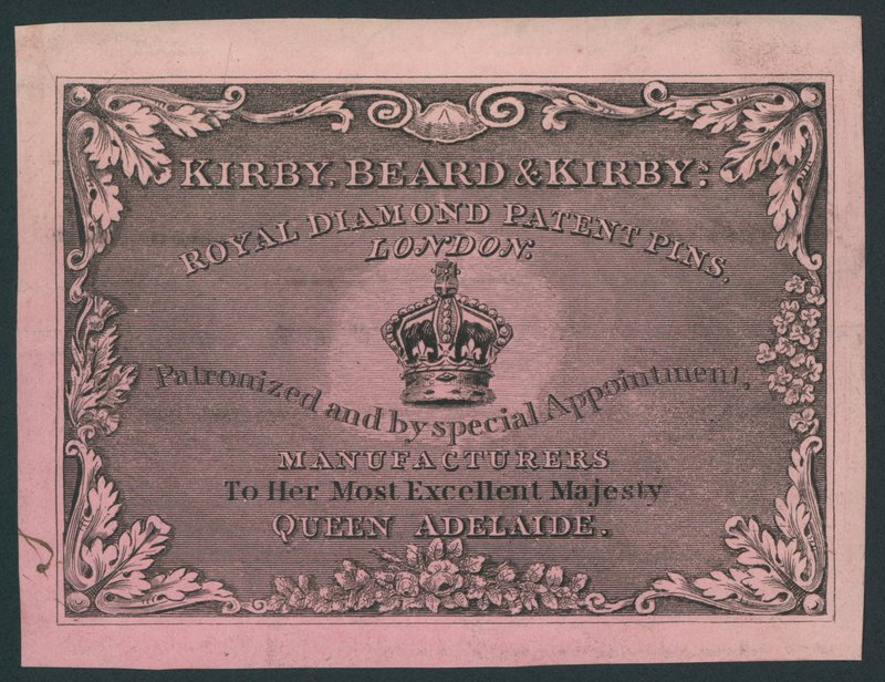 Kirby, Beard és Kirby, Royal Diamond Patent Pins, kereskedelmi kártya alkotó: English School