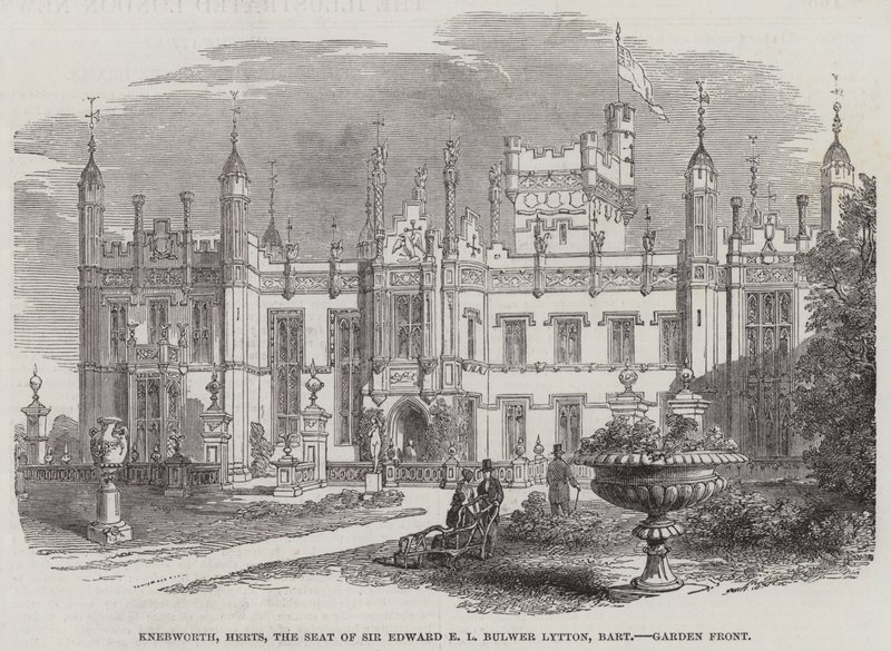Knebworth, Herts, Sir Edward E L Bulwer Lytton székhelye, Baronet, Garden Front (metszet) alkotó: English School