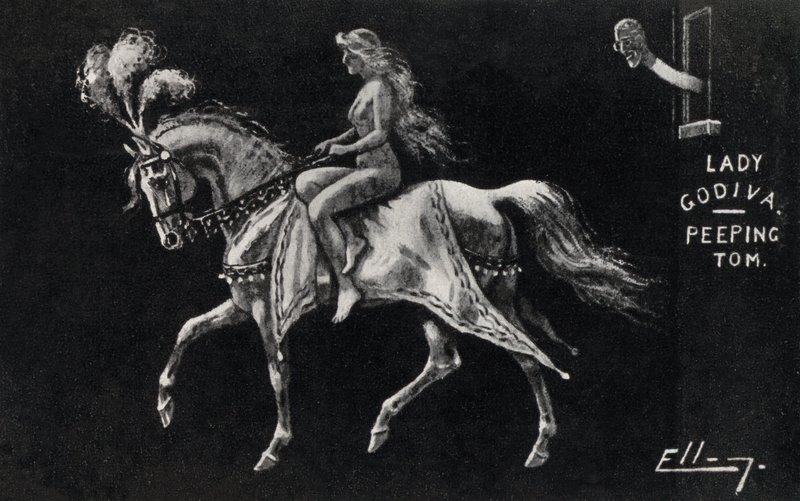Lady Godiva meztelenül lovagol lóháton Coventry utcáin, és egy kukucskáló Tom (litho) nézi alkotó: English School