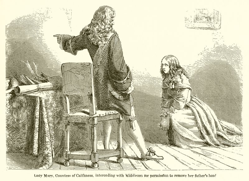Lady Mary, Caithness grófnője közbenjár Middletonnál, hogy engedélyt kapjon apja fejének eltávolítására alkotó: English School