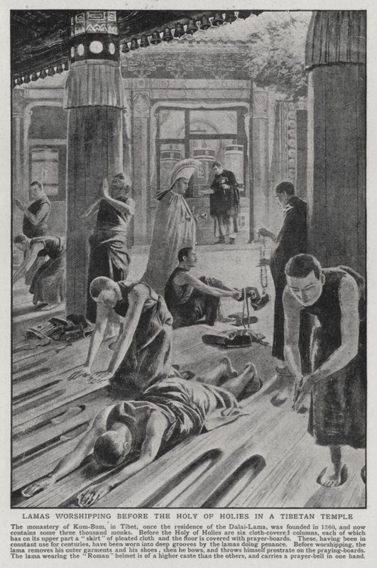 Lámák hódolnak a Szentek Szentje előtt egy tibeti templomban (litho) alkotó: English School