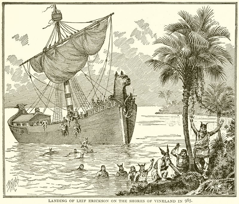Leif Erickson partraszállása a Vineland partjainál 985-ben alkotó: English School