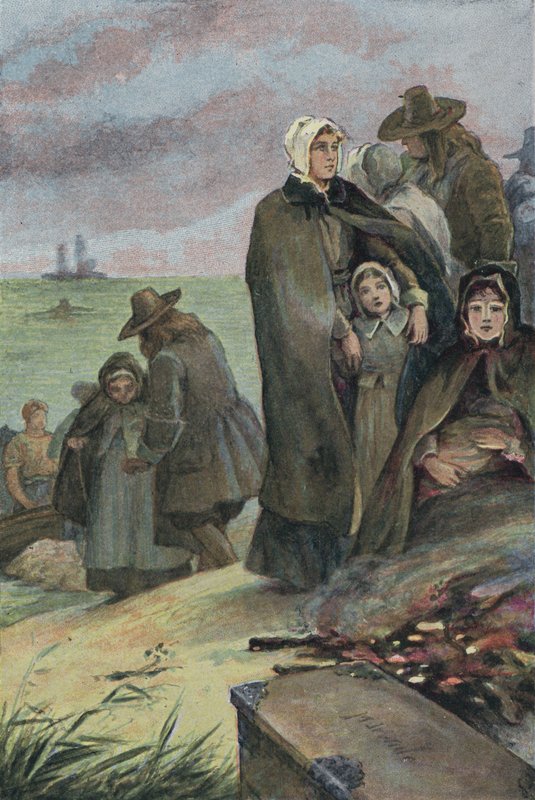 A zarándokatyák partraszállása Amerikában a Mayflower fedélzetén tett utazásuk után, 1620 alkotó: English School