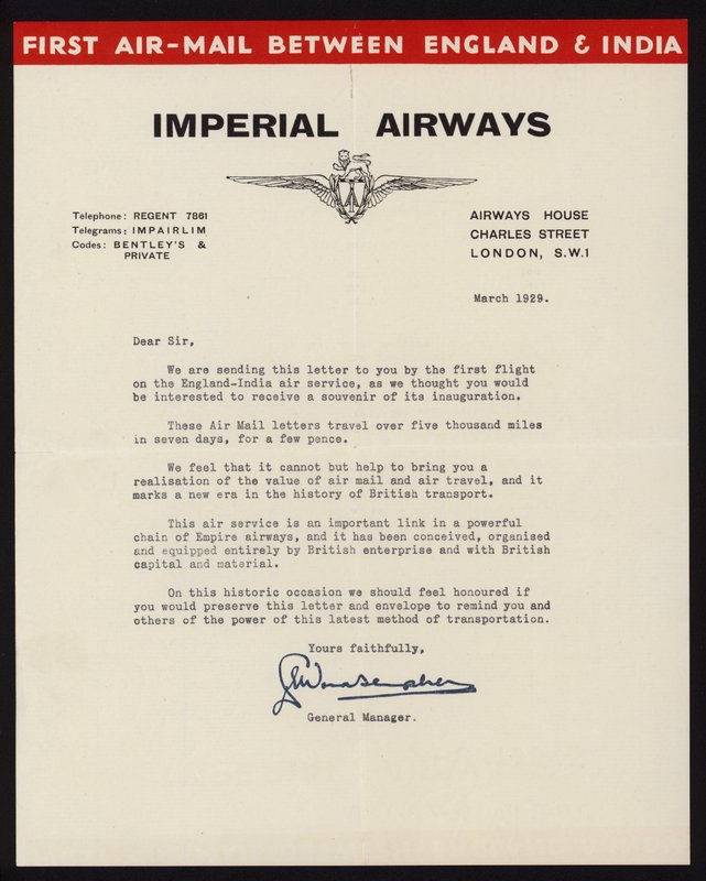 Az Imperial Airways 1929 márciusában elindította az első légipostai szolgáltatást Anglia és India között (litho) alkotó: English School