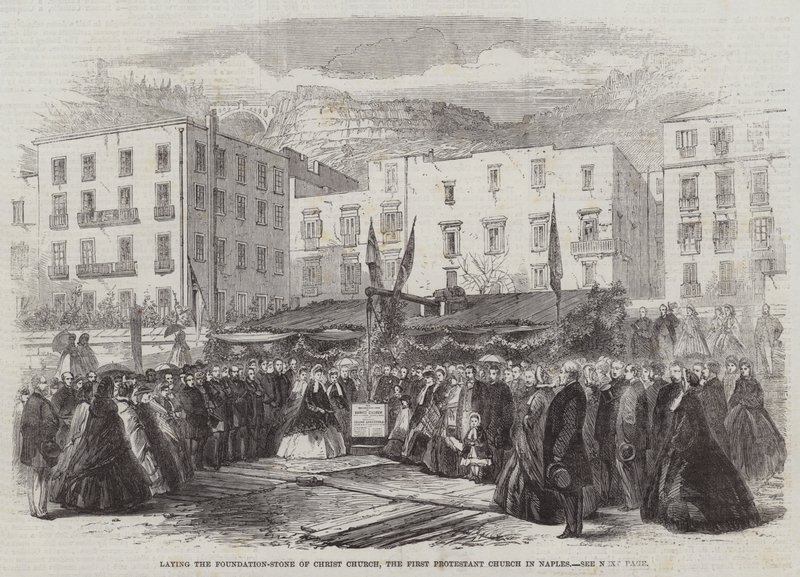 Krisztus templom alapkőletétele, az első nápolyi protestáns templom (metszet) alkotó: English School
