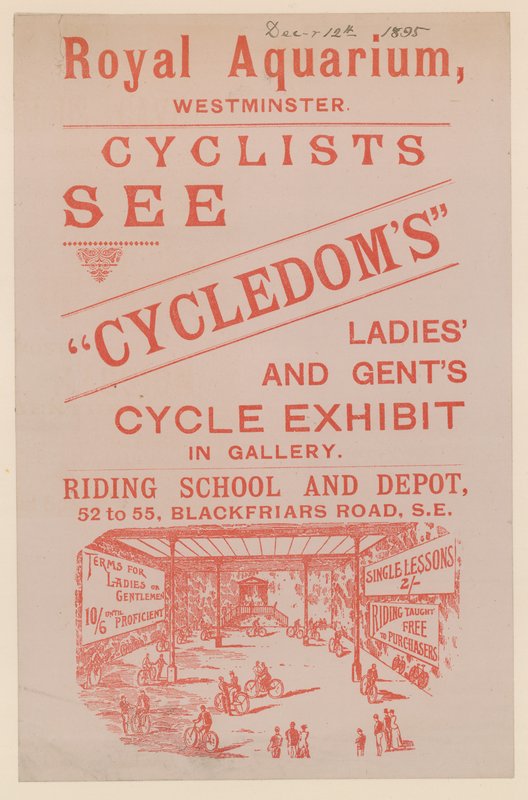 A Cycledoms Ladies and Gents Cycle kiállítást reklámozó szórólap a Royal Aquariumban alkotó: English School