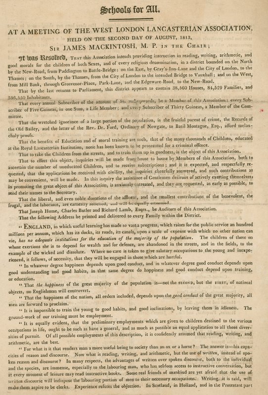 A Nyugat-Londoni Lancasteri Szövetség határozatát magyarázó szórólap a gyermekek oktatásának megkezdéséről, 1813. augusztus alkotó: English School