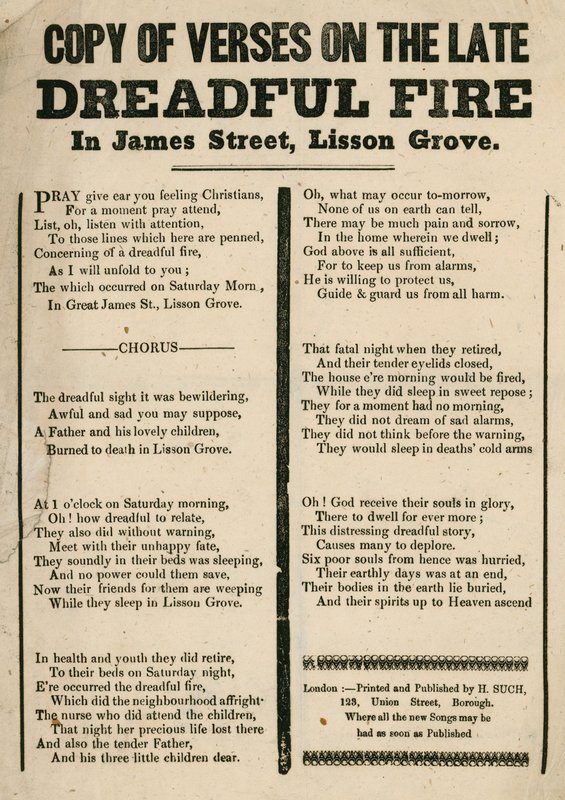Szórólap a londoni Lisson Grove-i James Street-i tűzről szóló verssel alkotó: English School