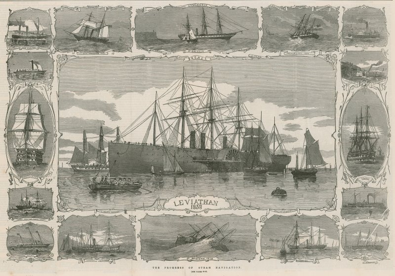 Leviatán 1858; a steam nav előrehaladását bemutató képek montázsa alkotó: English School