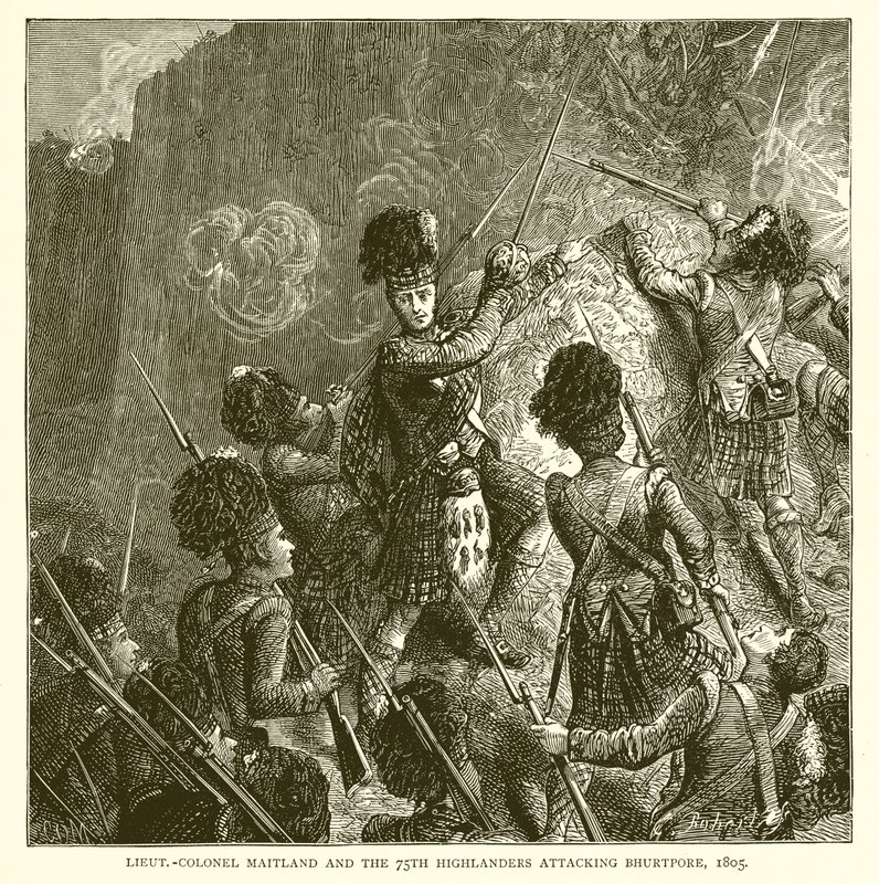 Maitland alezredes és a 75. hegyvidékiek megtámadják Bhurtpore-t, 1805 alkotó: English School