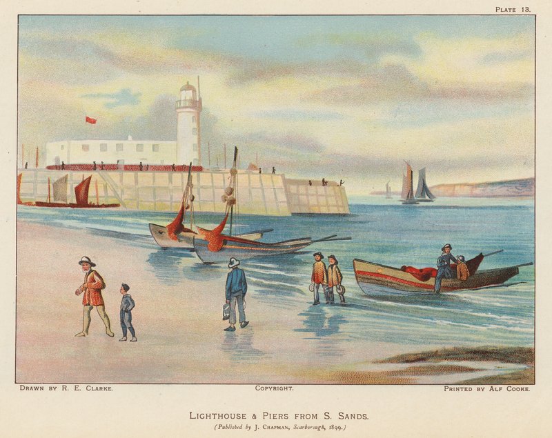 Világítótorony és móló South Sands, Scarborough (színes lithó) alkotó: English School